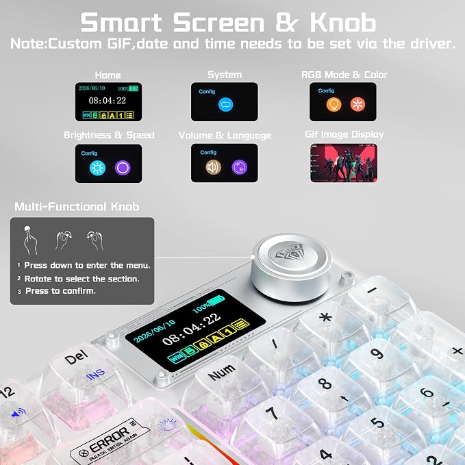 Aula F98Pro V3 Wireless Mechanical Gaming Clear Keyboard with Screen & Knob | Triple-Mode Hot Swappable, Gasket Mount Linear Switches, Clear Keycaps RGB Backlit, TFT Screen 10000mAh Battery for PC/Office - Image 3