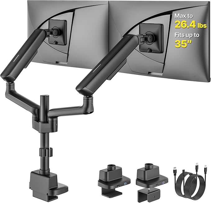 monTEK Tall Mechanical Spring Dual Monitor Arm with USB for 27 32 34 Screen | Black, Built-in One-Way Bearing, Holds 26.4 lbs, VESA 75/100mm, C-Clamp/Grommet Base & Cable Management, Office, Home, Game by monTEK