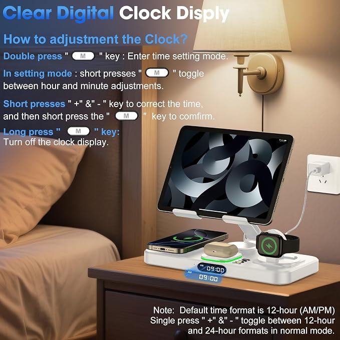 6 in 1 Wireless Charger for Apple Multiple Devices, Charging Station with Clock &7 Color Ambient Light, Foldable Rotate Stand for iPad, for iPhone17/16/15, Support for Apple Watch11/10 For AirPods4 - Image 5