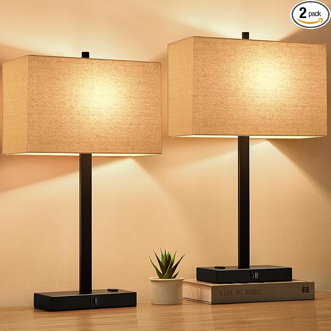 21" Touch Bedside lamps with 2 USB & AC Outlets, 3-Way Dimmable Bedside Table Lamps Set of 2 for Bedroom Living Room Office Reading, Beige Linen Shade Lamps for Night Stands, 2700K LED Bulbs Included by BringBrightnesstoYourLife