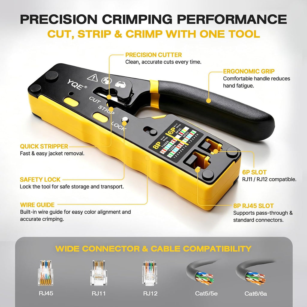 YQE RJ45 Crimp Tool Kit, Pass Through Ethernet Crimper, Crimping Tool, Network Tool Kit for Cat5, Cat5e, Cat6, RJ45, RJ11, RJ12 w/Carrying Case, Cable Tester, Stripper, Cutter, 50 Connectors & Boots - Image 3