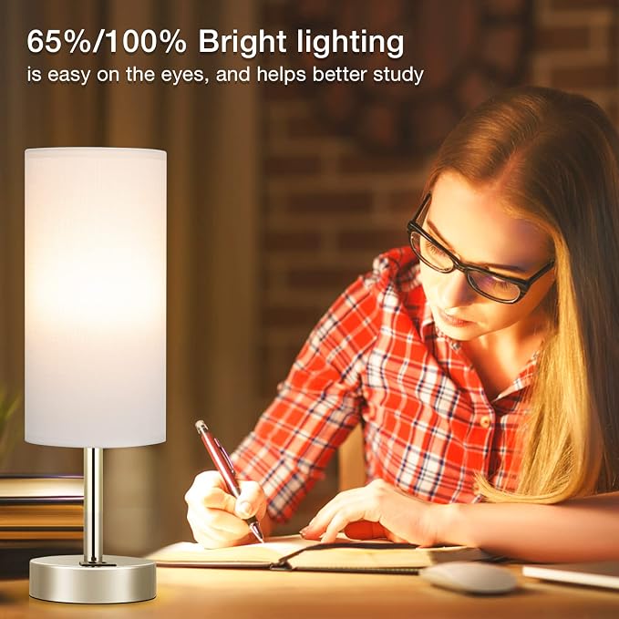 Small Touch Table Lamp for Bedroom - Bedside Desk Lamp for College Dorm | USB A+C Ports, 3-Way Dimmable, LED Bulb Included, White Fabric lampshade, Silver Metal Base, Compact 14" Night Stand Lamp - Image 5