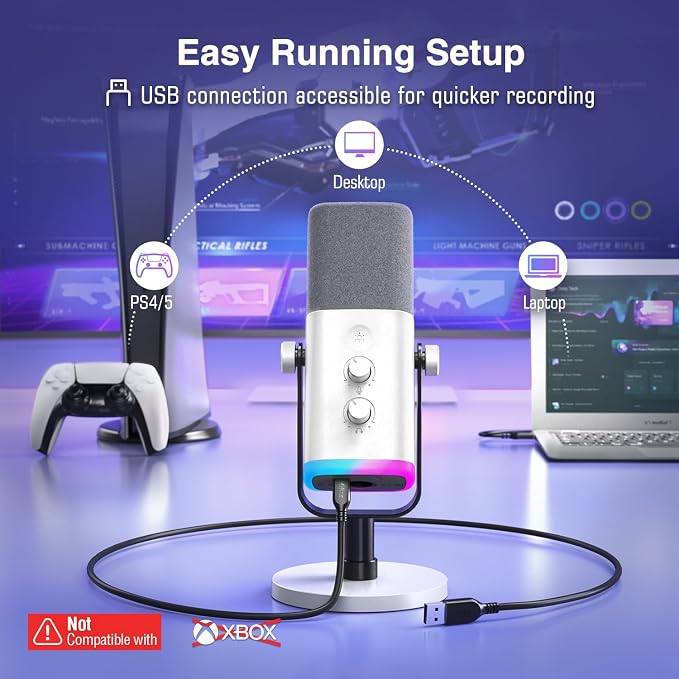 FIFINE AmpliGame AM8W XLR/USB Gaming Microphone for Streaming Podcasting | Dynamic PC Computer RGB Mic, with Gain Knob, Mute Button, Monitoring Jack, for Gamer Recording Video Creation, White - Image 3