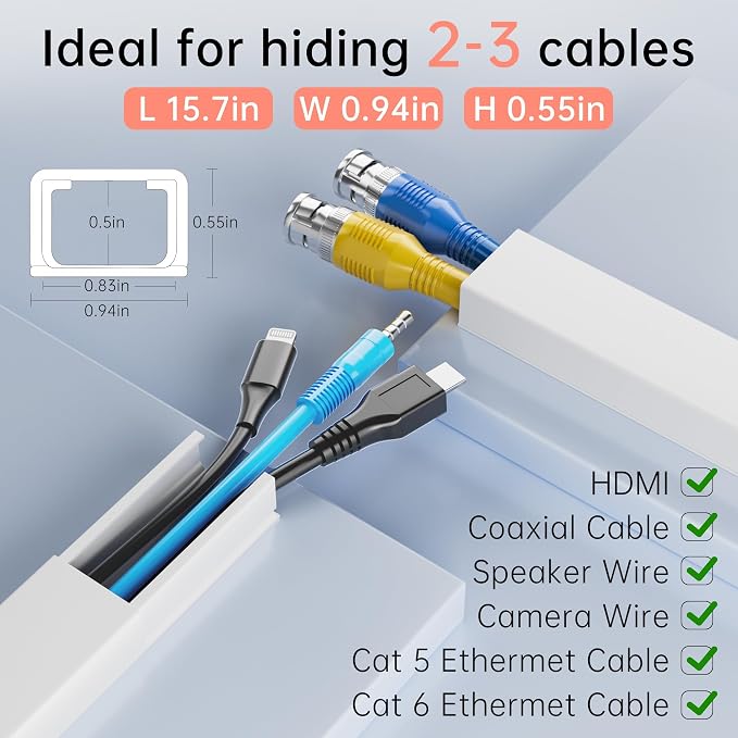 Yecaye 283in Cord Hider, PVC Wire Covers for Cord on Wall, W0.94in H0.55in | Medium Wire Covers for 2-3 Cords on Wall, Self-Adhesive Cable Raceway - Image 2