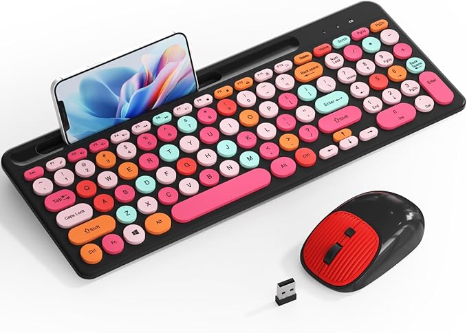 Retro Typewriter Wireless Keyboard with Round Keycaps, 2.4GHz Compact USB Cute Wireless Keyboard and Mouse Combo for Desktop, Laptop and Computer by Unknown