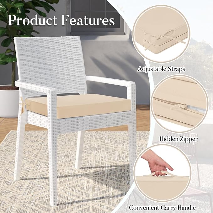 Basic Beyond Outdoor Chair Cushions for Patio Furniture, Waterproof Outdoor Seat Cushions Set of 4 18 x 18, Patio Chair Cushions Set of 4 with Ties and Handle, Beige - Image 5