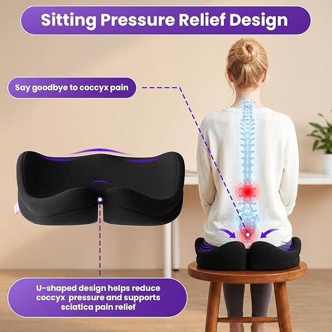 ZZ-WELL Seat Cushion for Office Chairs, Black, 21.2 Inches | Coccyx Cushion for Tailbone Pain, Memory Foam, Extra Large Thick, Patented Pressure Relief, Computer Gaming Chair - Image 2