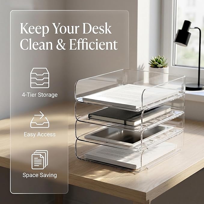 DCA 4 Tier Clear Desk Organizer, Stackable Paper Tray, Desktop File Sorter | Letter & A4 Compatible | Space-saving | Office, Home & School - Image 5