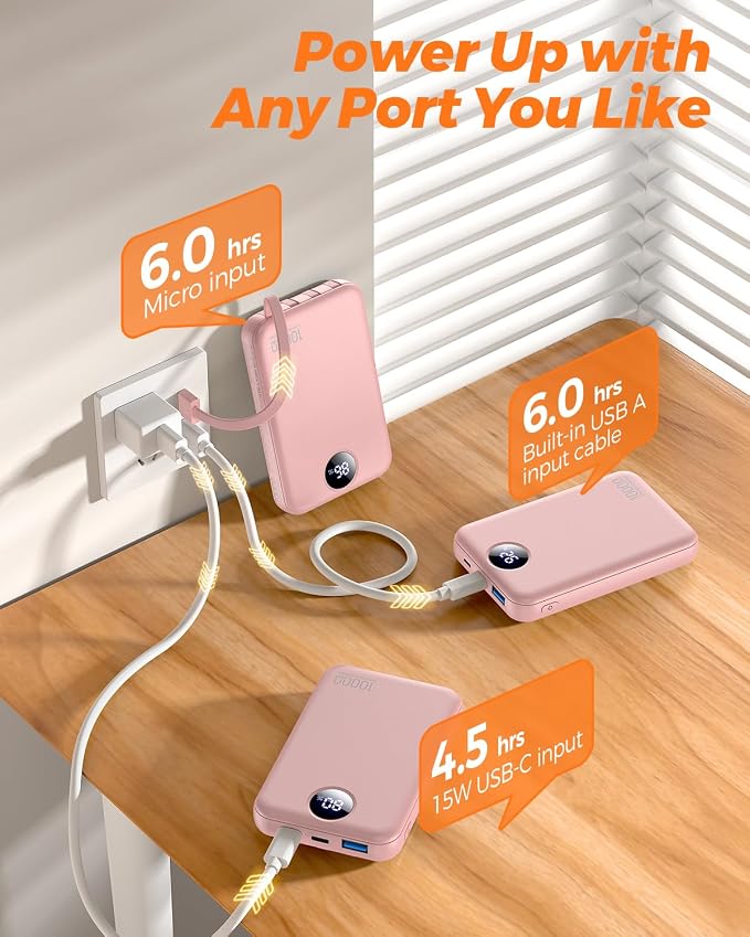Portable Charger 10000mAh with 4 Built-in Cables 40% Smaller | Power Bank Fast Charging Battery Pack,LED Display Compact with Travel Charger for iPhone Other Devices-Pink - Image 3