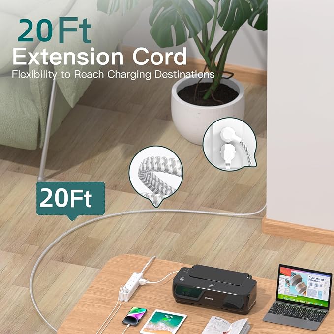 20FT Long Extension Cord, Power Strip with 12 AC Multiple Outlets & 4 USB | Flat Plug Wall Mount, 1050J Overload Surge Protection, Outlet Extender for Home Office Garage Workshop, ETL Listed, White - Image 3