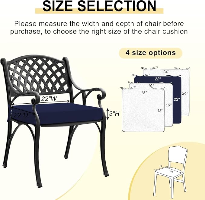 downluxe Waterproof Outdoor Chair Cushions for Patio Furniture, 22" x 22" x 3" Patio Chair Cushion with Adjustable Ties & Portable Handle, Square Outdoor Cushion with Removable Cover, Navy, 2 Pack - Image 6
