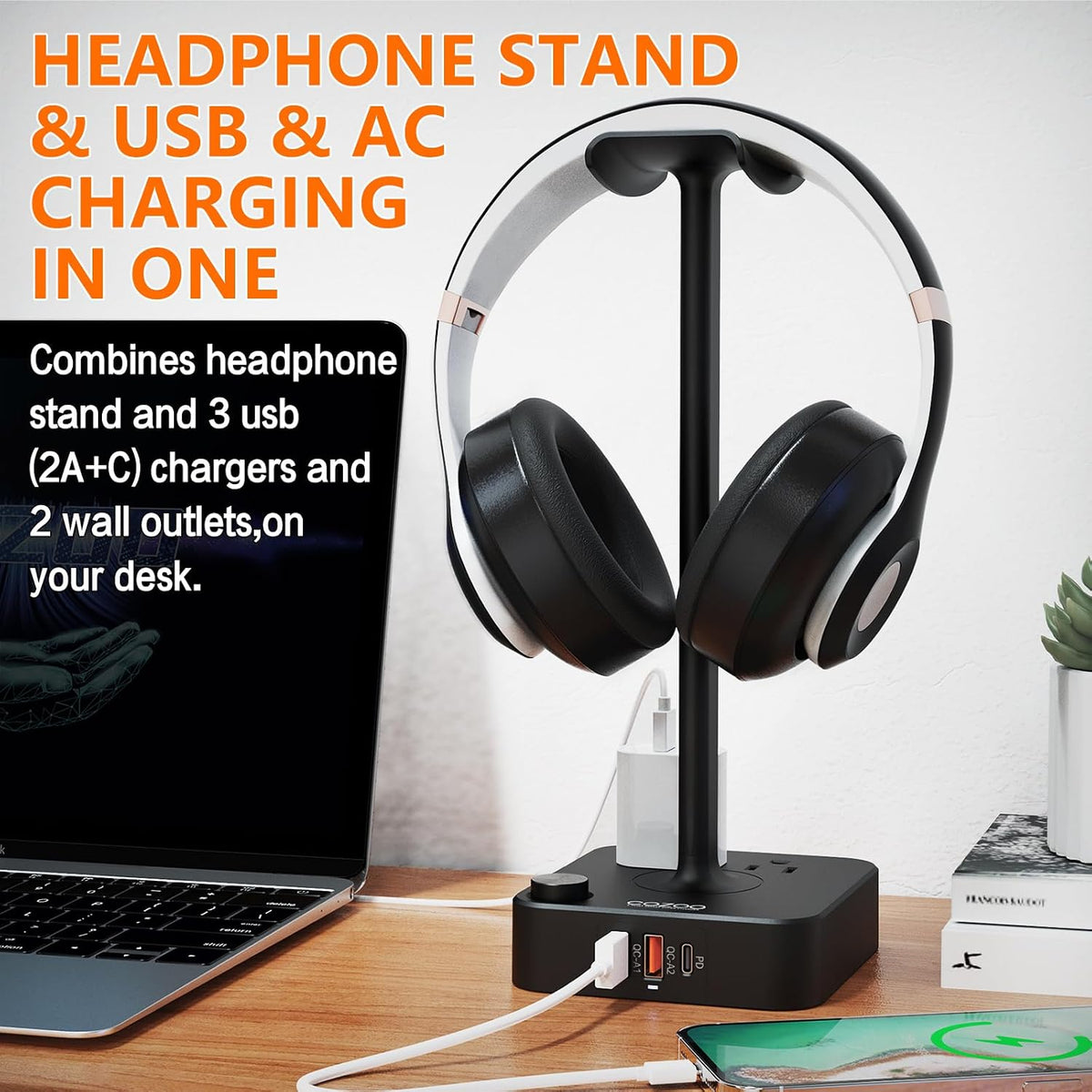 Headphone Stand with Charger for Desk, Gifts for Gamers Men, Black - Image 2