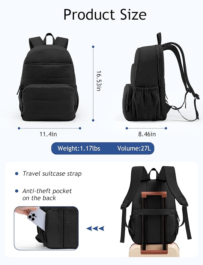 Uselike Travel Backpack for Women, 15.6 Inch Laptop Backpack, Quilted College Bookbag, Cute Work Backpacks, Water Resistant (Black) - Image 4