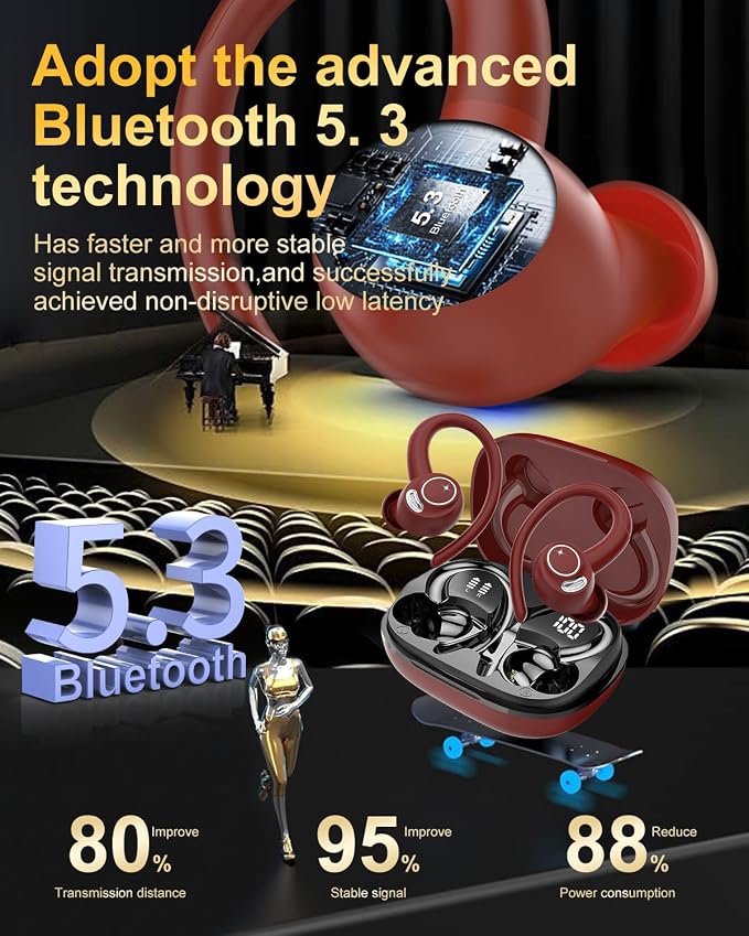 Wireless Earbuds, Bluetooth 5.4 Headphones Sport Over Ear Buds With ENC Mic | Noise Cancelling,48H, Wireless Earphone With Earhooks, Stereo Deep Bass, IP7 Waterproof ear bud for Workout Running,Light Red - Image 2