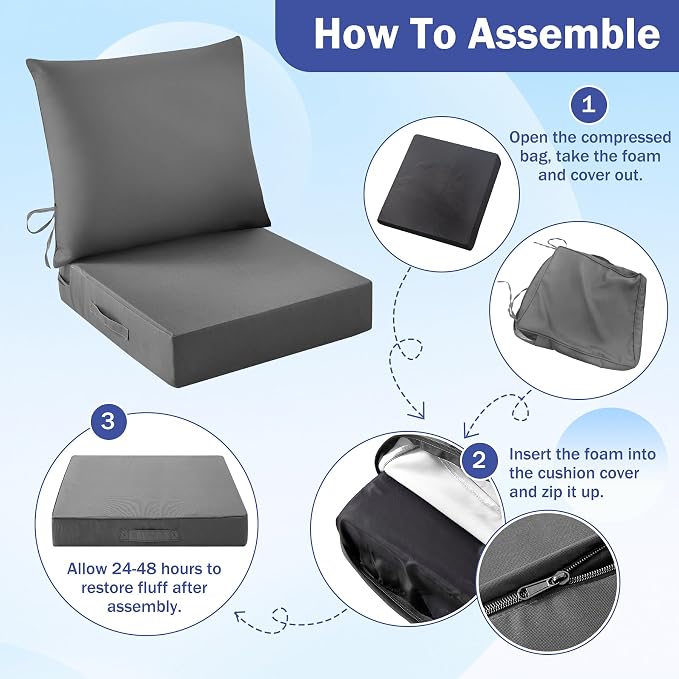 IASEAHK Outdoor Seat Cushion Set, Waterproof & Fade Resistant Patio Chair Cushions, Outdoors Cushion for Patio Furniture, 24 x 24 x 5.75 Inch, Outdoor Couch Cushions with Handle and Ties, Dark Grey - Image 8
