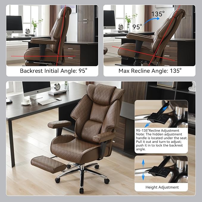 EXCEBET Big and Tall Office Chair with Footrest, PU Leather High Back Executive Office Chair 400lbs, Ergonomic Computer Chairs Lumbar Support for Heavy People (Brown) - Image 6