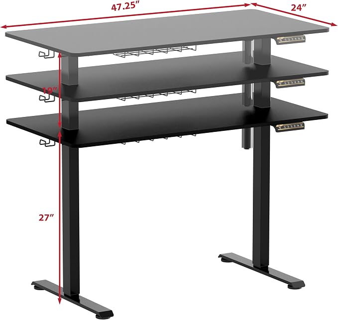 SHW 48-Inch Electric Height Adjustable Sit to Stand Desk, Black | with Hanging Hooks and Cable Management, Black Frame and Black Top - Image 2