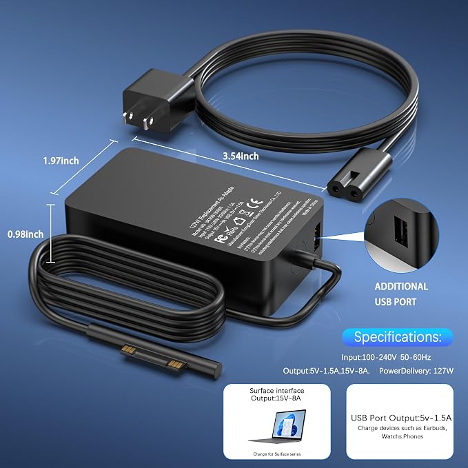 127W Surface Book Charger Compatible with Microsoft Surface Book 3 2 1, Surface Pro 10 9, 8, 7+, 7, 6, 5, 4, 3, X, Windows Surface Laptop/Go, Surface Laptop Studio 2, 1 Power Supply Cord - Image 3