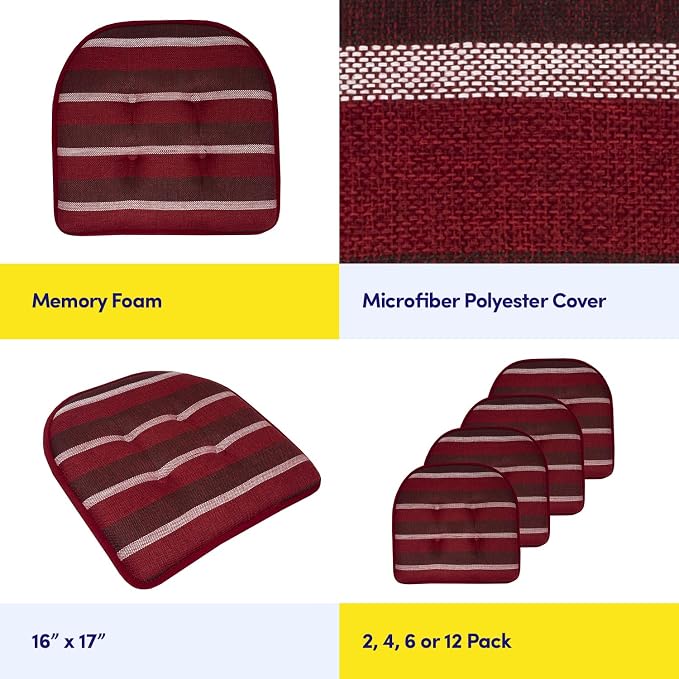 Sweet Home Collection Chair Cushion Memory Foam Pads Tufted Slip Non Skid Rubber Back U-Shaped 17" x 16" Seat Cover, 2 Count (Pack of 1), Bradford Burgundy - Image 6