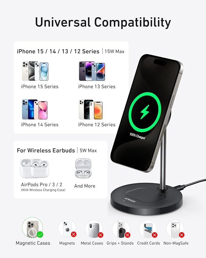 Anker MagGo 2-in-1 MagSafe Compatible Qi2 15W Wireless Charging Stand | Qi2 Certified, Fast Charging, Wireless Charger for iPhone 17, AirPods Pro, and More - Image 6