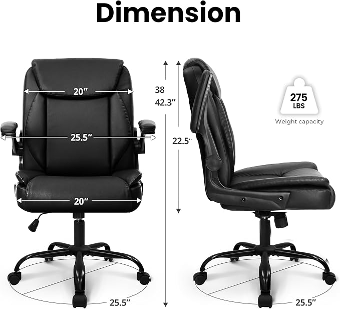NEO CHAIR PU Leather Office Desk Chair with Adjustable Arms, All Black | Ergonomic Mid Back Computer Desk Chair Comfy with Wheels Swivel Rolling for Home Office Gaming Study - Image 3
