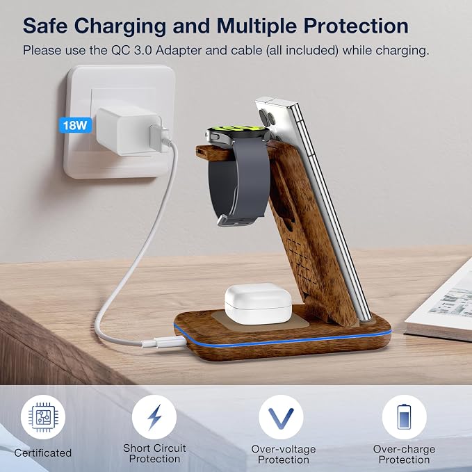 Wireless Charger for Samsung/Android, HOLYJOY Foldable 3 in 1 Fast Charging Station/Stand/Multi Charger for Samsung S25 Ultra/S24/Note 20, Travel Pad for Galaxy Watch 8/7/6/5/Active 2, for Buds(Wood) - Image 7