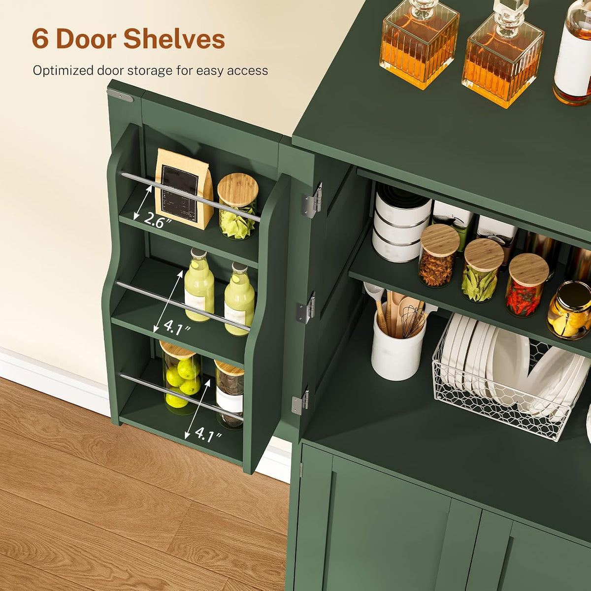 Pantry Cabinet with 4 Doors, Kitchen Storage Cabinet with Door Shelves, Kitchen Cabinet, Kitchen Pantry for Living Room, Dining Room, Bathroom, 51”H, Green - Image 6
