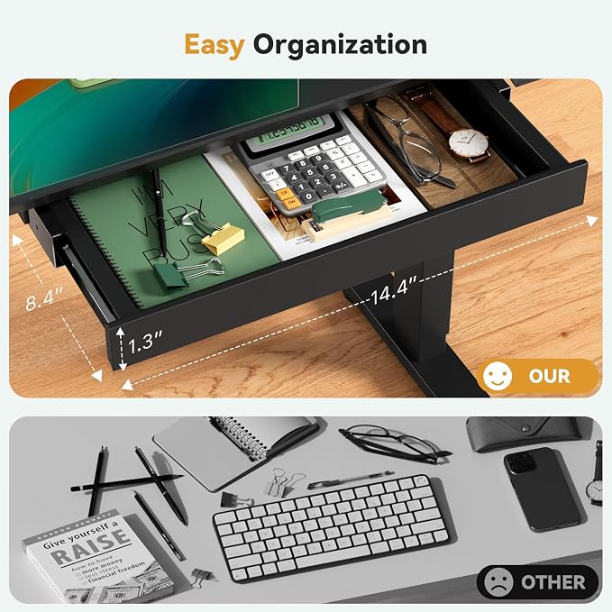 35” Black Glass Standing Desk Height Adjustable with Drawer | Electric One-Piece Rising Whiteboard Table on Lockable Wheels, Mobile Small Rolling Laptop Cart for Work, Drawing, Crafting - Image 5