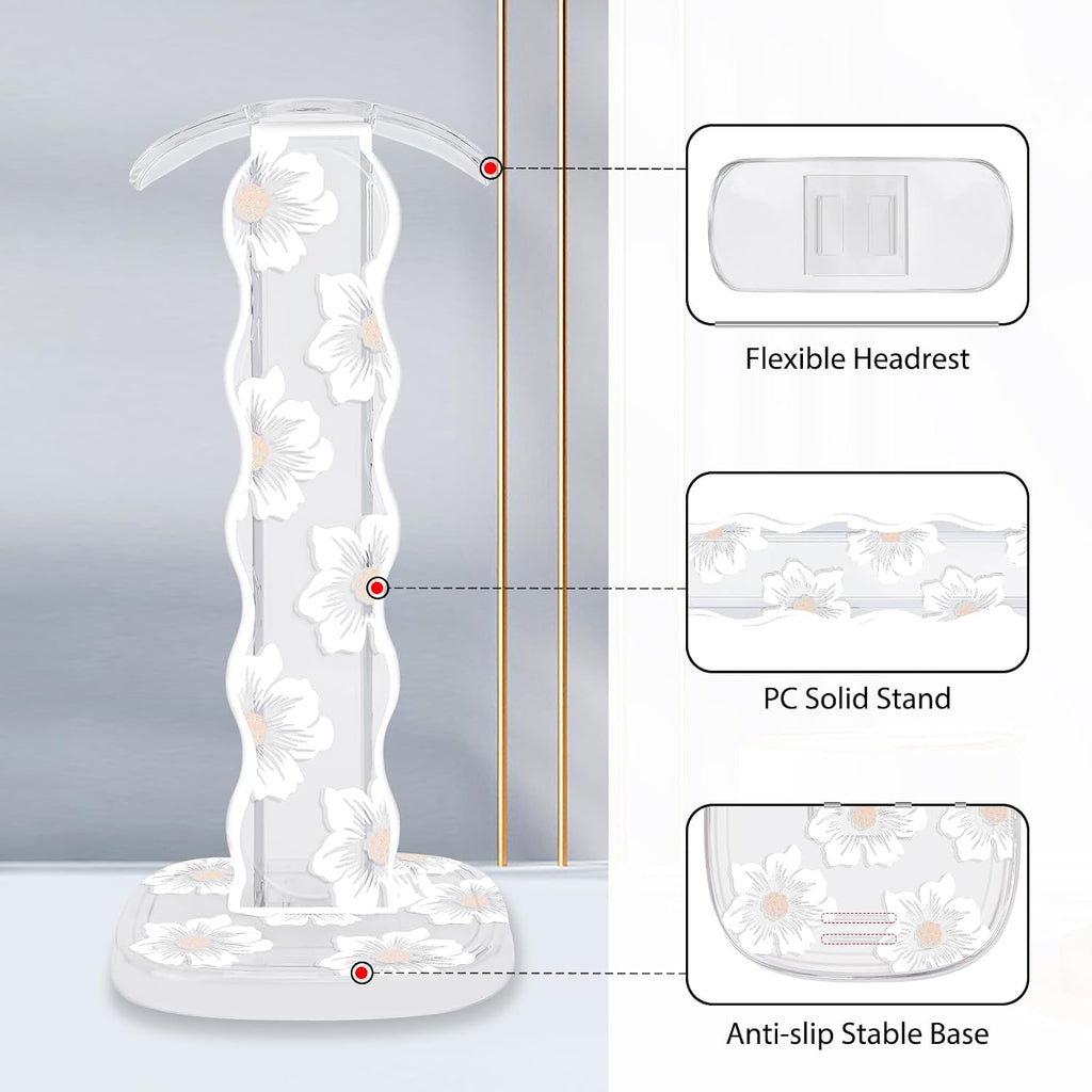 CamyCosy Headphone Stand Gaming Headset Holder for Desk,Unique White Camellia Pattern Clear Earphone Stand Cellphone Stand Desk Accessories for All Headphones Size - Image 4