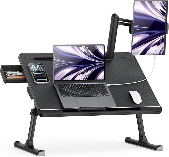 SAIJI Laptop Bed Table for Dual Screens, Lap Desk with Monitor Stand | Height/Angle Adjustable, Foldable & Portable, Soft Leather Surface, Spacious Legroom, with Drawer & Tablet Slot, X-Large - Image 9