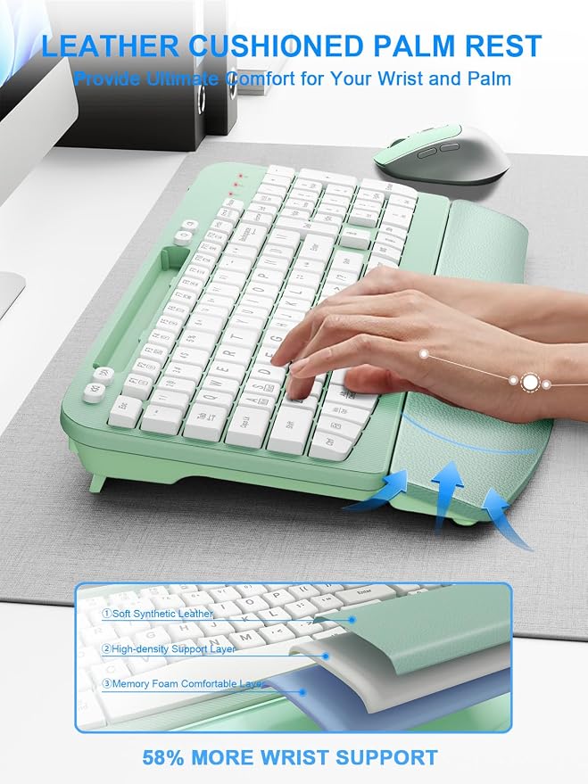 Hayyiesh Ergonomic Wave Keys Wireless Keyboard and Mouse Combo, Full Size with Memory Foam Wrist Rest & Phone Holder, 2.4G Cordless Set with USB-C Adapter for Windows Mac Desktop Laptop (Mint Green) - Image 3