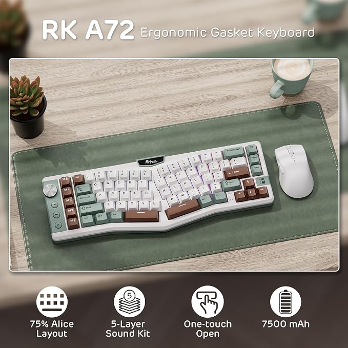 RK ROYAL KLUDGE A72 Alice Ergonomic Wireless Mechanical Keyboard,Split Ergo | Gasket RGB Gaming Keyboard w/Knob/Macro Keys/Touchable Nameplate, BT/2.4GHz/USB-C, 5-Layer Noise Dampening, Win/Mac Software - Image 2
