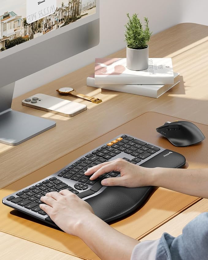 ProtoArc EKM01 Plus Wireless Ergonomic Keyboard Mouse Combo - Gray Black | Full-size Split Keyboard with Cushioned Wrist Rest, Ergonomic Mouse, 3-Device Bluetooth/2.4G, USB-C Rechargeable - Image 8