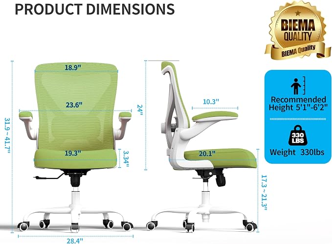 Office Chair: Mesh Ergonomic Desk Chair with 3D Lumbar & Swivel | 330LBS Computer Chair-Executive Task Work Chairs with Flip-up Arms Home Office Desk Chairs Gaming Chair for Long Hours(Green) - Image 2