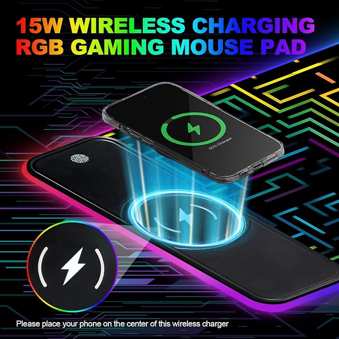 Wireless Charging RGB Gaming Mouse Pad, 31.5 x 11.8 Inch Extended Mouse Mat with Neon Geometric Line Design, LED Desk Pad with 7 Lighting Modes, Non-Slip Base for Gaming & Office - Image 6