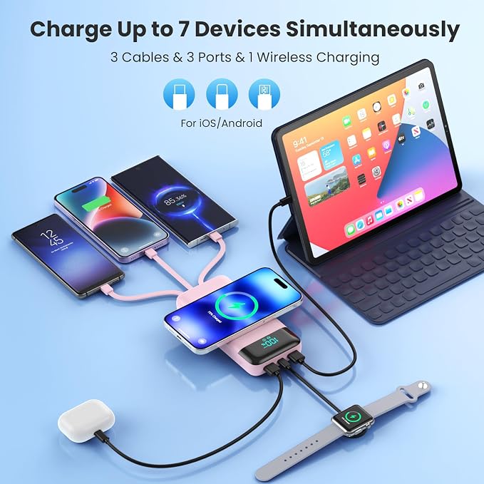 YHO Wireless Portable Charger 40800mAh for iPhone with Built-in Cables, Wireless Charging USB C Power Bank,25W PD Fast Charging Travel Essential Battery Pack for iPhone 17/16/15,Android-Pink - Image 3