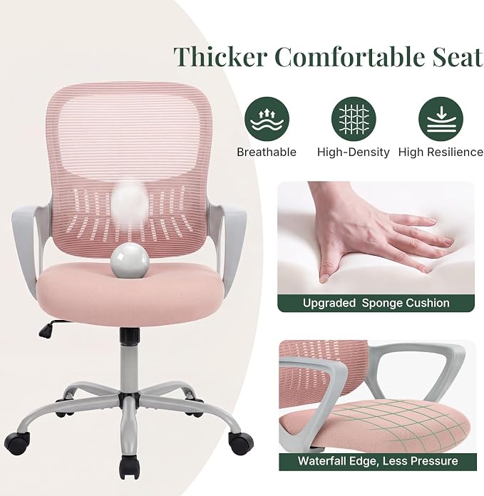 Home Office Desk Chair, Lumbar Support, Mesh Back Computer Chair | Height Adjustable, Mesh Mid-Back, Ergonomic Task Gaming Chair with 360° Swivel Wheels, Lumbar Support, Pink - Image 4