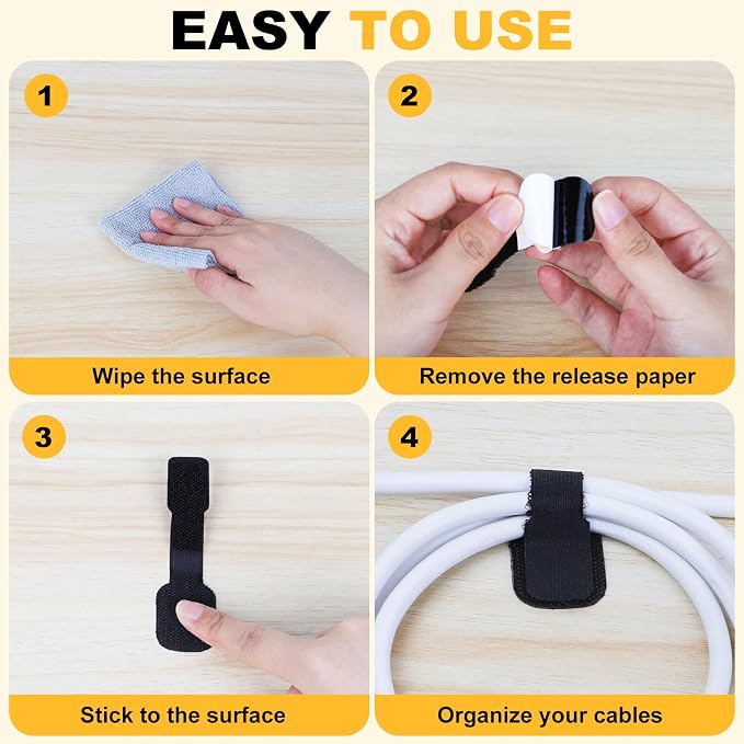 SummerBrite 40-Pack Self Adhesive Cable Straps, Heavy Duty Hook & Loop Ties with Strong Sticky Backing, Reusable Under Desk Cable Management Wire Organizers for Home Office PC, Black - Image 5