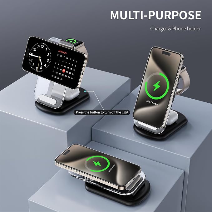 2026 Traveling Wireless Mag-Safe Fast Charging Station | Magnetic 3 in 1 Charger with Light for iPhone 17 16 15 14 13 12 Pro Max Plus,Apple Watch & Air pods 4 3 2 Pro(Black) - Image 4