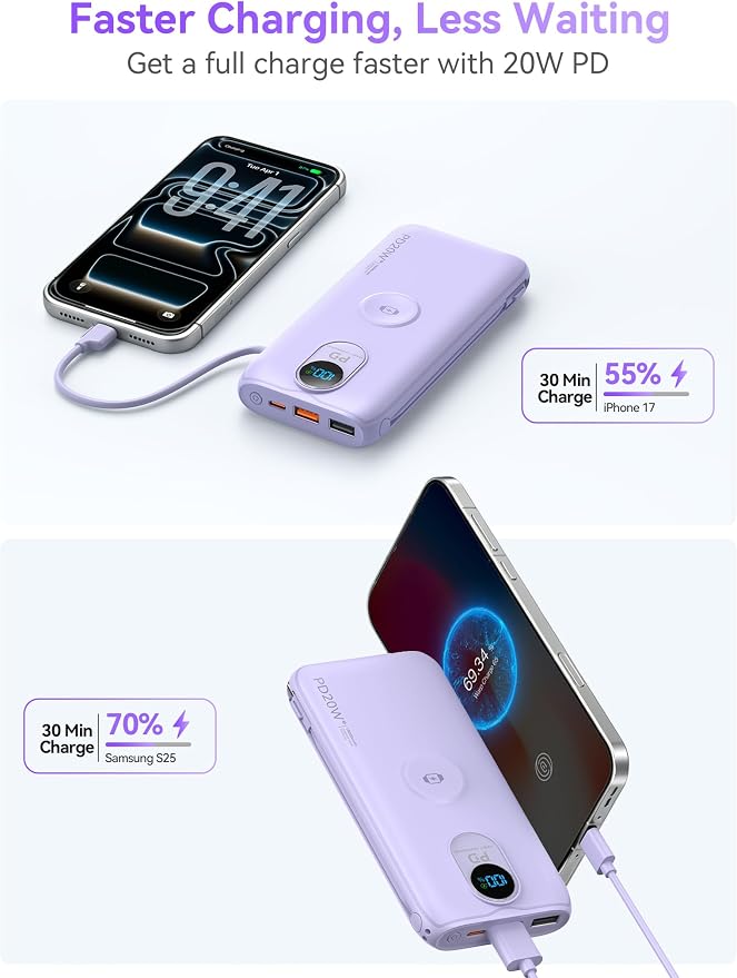 Portable Charger Power Bank 10000mAh PD20W w/Built-in Cables & AC Plug | Portable charger iphone,Fast charging, Built-in wall plug, LED display, Charge 6 devices at once, Pass through charging - Image 7