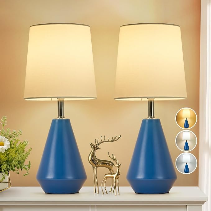 Small Bedside Table Lamp for Bedroom-Reading Desk Lamp Set of 2,with 3 Color Temperatures,15.5" Nightstand Ceramic Lamp with Fabric Shade for Kids Room,Living Room,Dorm,Home Office(Blue+White) - Image 9