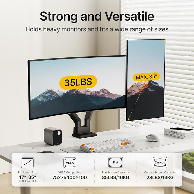 monTEK Dual Monitor Mount Monitor Arms for 17 to 35 Inch Screen | Adjustable Heavy Duty Monitor Desk Mount for 2 Monitors, Holds 35 Lbs, with Cable Management, VESA 75/100mm - Image 2