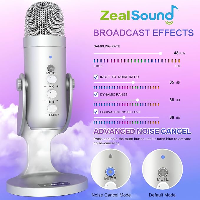 ZealSound Podcast Microphone for PC, Noise Cancellation USB Mic with Gain, Volume Adjustment & Mute Button, Monitoring & Echo, for YouTube, TikTok, Podcasting, Streaming, iPhone, iPad, Android(Silver) - Image 5