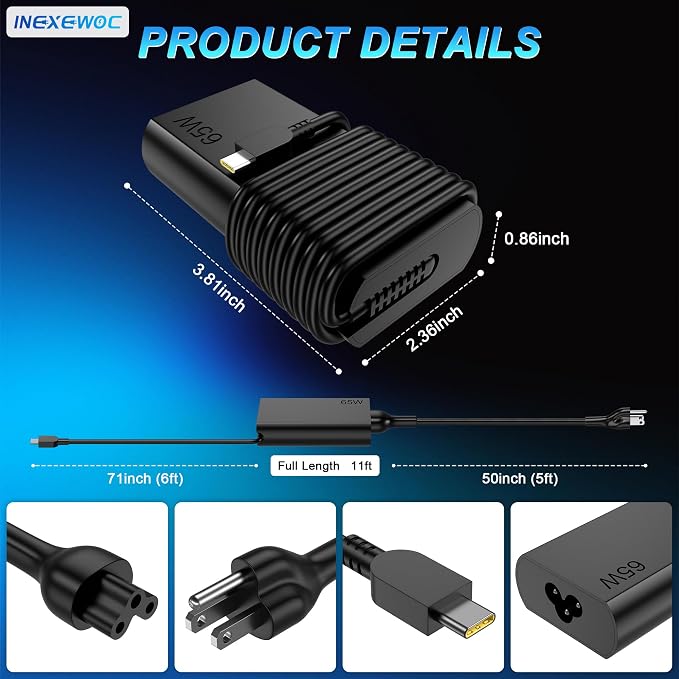 Slim 65W USB C Laptop Charger Compatible with Lenovo ThinkPad T480s T580s T490 E480 E580 X1Carbon X13 Chromebook 2nd Gen Yoga Slim Type C Fast Charging Computer Power Cord - Image 2