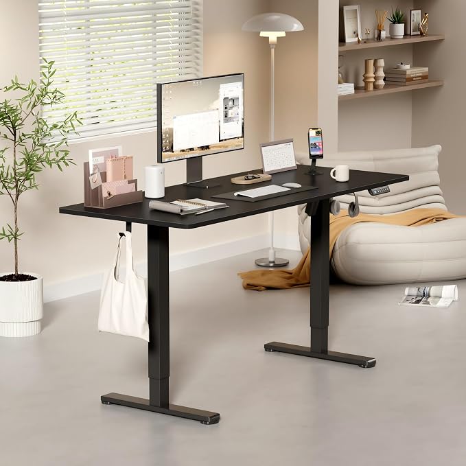 YESHOMY Height Adjustable Electric Standing Desk, 55 x 24 Inches Memory Home Office Sit Stand up Desk with Phone Holder and USB Charging Port, Black - Image 4