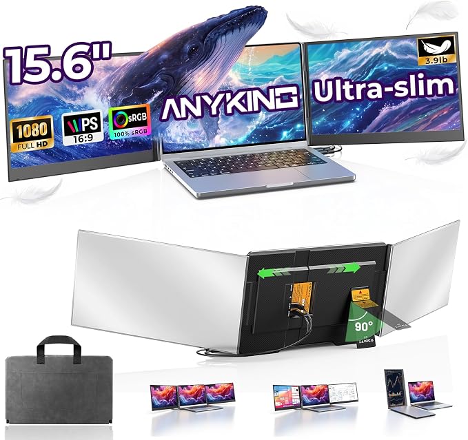 15.6" Laptop Screen Extender, Dual 1080P FHD IPS Portable Monitor for 13-17.3" Laptops, Plug and Play Triple Screen with USB-C HDMI, 300 Nits, 100% sRGB, Built-in Speakers for Work, Travel, Gaming by AnykingOfficial