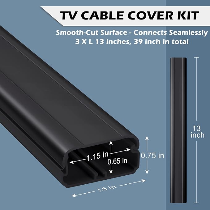 39in TV Cord Hider - Cord Covers for Wall Mounted TV Cable Hider Wall Kit | Wire Hiders for TV on Wall, Wire Covers for Cords, Cable Concealer Hide Cords, 1.5"W*0.75"H*13inL*3, Black - Image 4