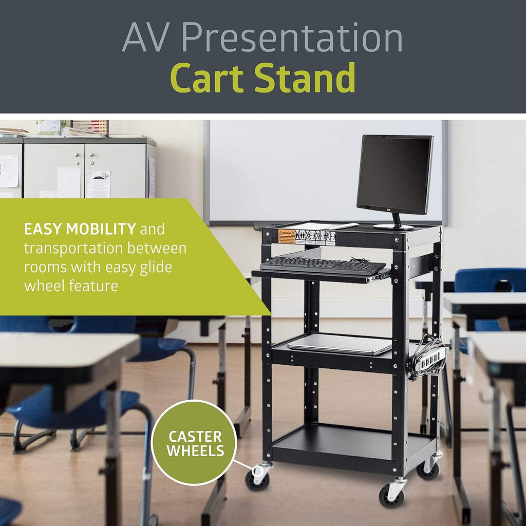 Pearington AV Presentation Cart Stand for Video Projector, TV, Laptop Computers, Printers, Metal Construction Rolling Storage Cart with Adjustable Shelves, 4 Wheels, 4 Outlets, 12ft Cord, Black - Image 2