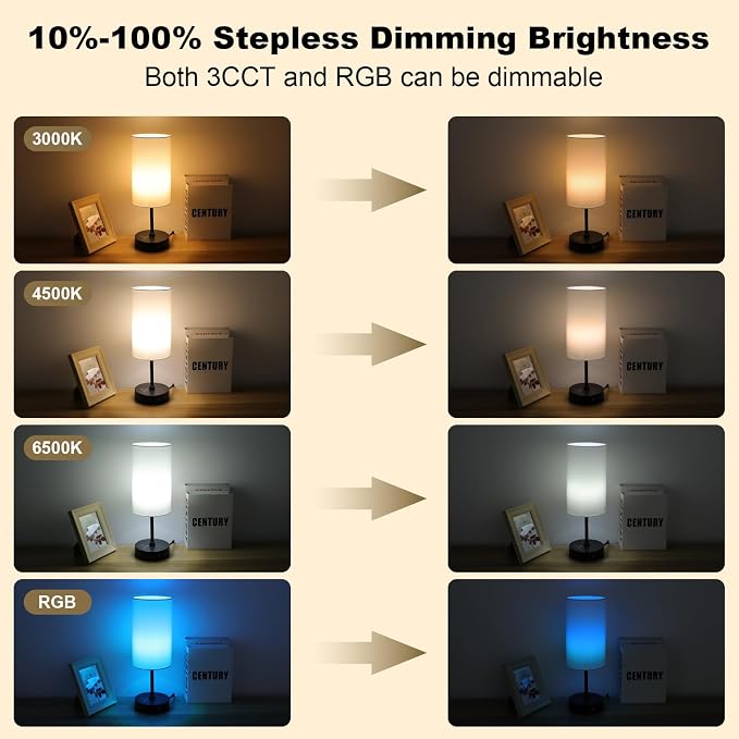 Table Lamp,3 CCT 3000K/4500K/6500K & RGB Color Changing,Stepless Dimmable Touch Control Bedside Lamp for Reading,Ambience Nightstand Light for Home Decor Party,White Shade - Image 4