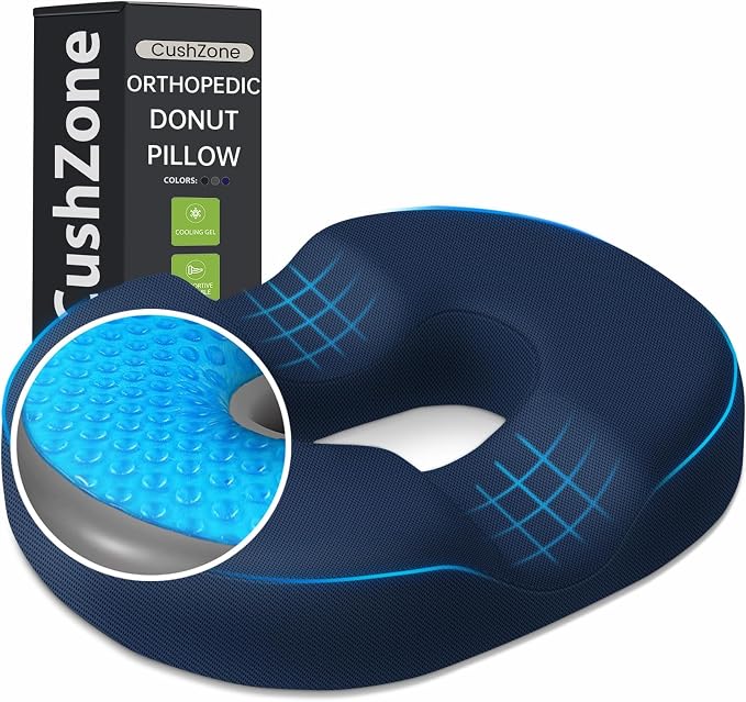 Donut Pillow Seat Cushion, Cooling Gel Memory Foam Chair Cushion, Blue | Office, Home & Car Seat Cushion, Butt Pillow for Tailbone Pain Relief, Hemorrhoids and Everyday Sitting Comfort by CushZone